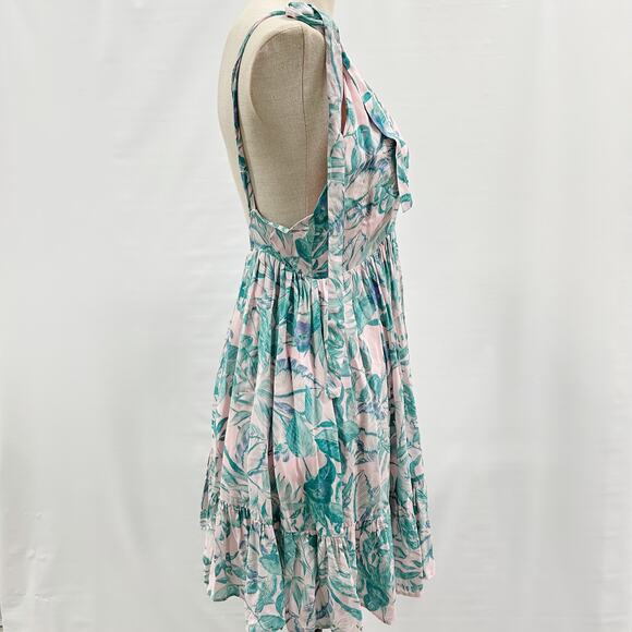 Olivaceous Womens Leaf Print V-Neck Tie Sleeve Pleated Fit & Flare Dress Large - Picture 3 of 10